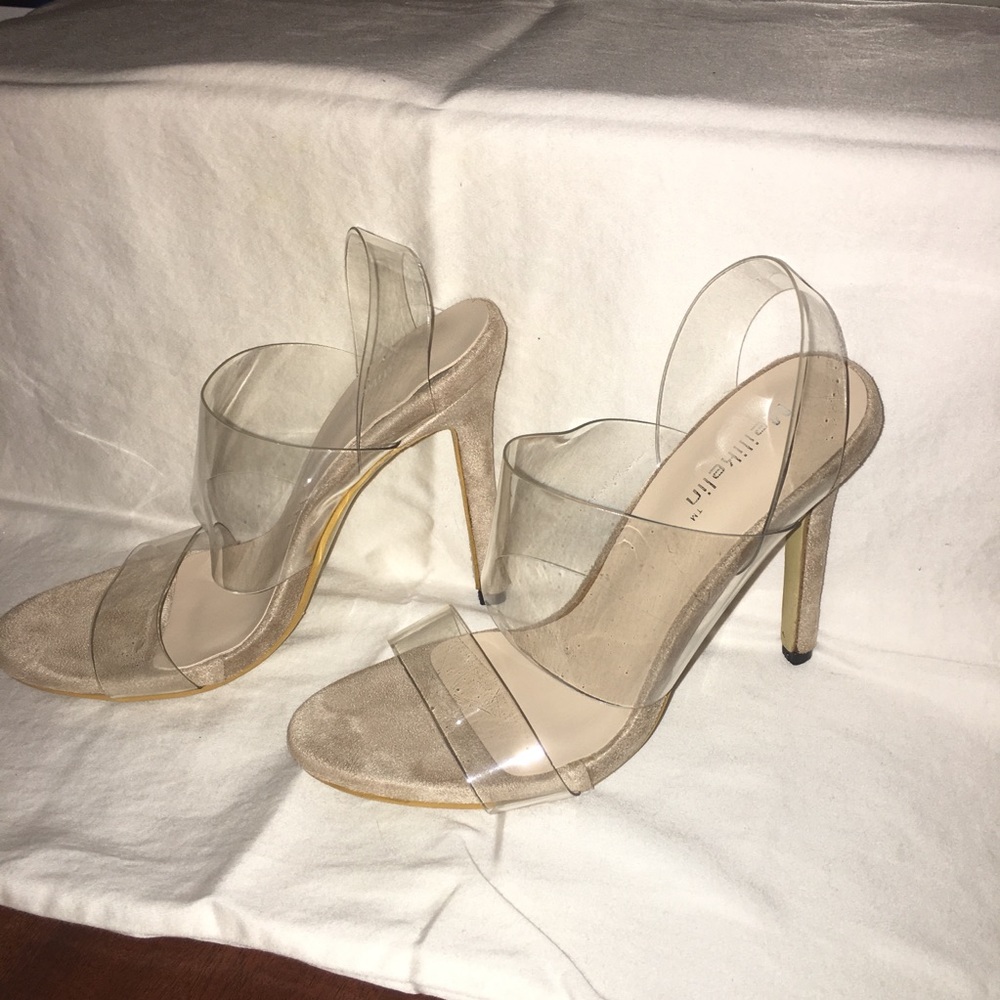 Clear & Beige (suede texture) Heels. Sz 35